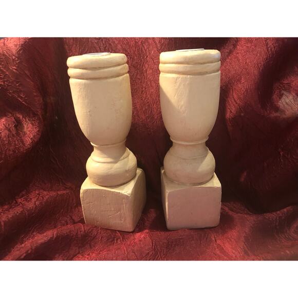 Rustic Country Farmhouse Vibe Candle Holders Wooden Off White 8” - Picture 1 of 6